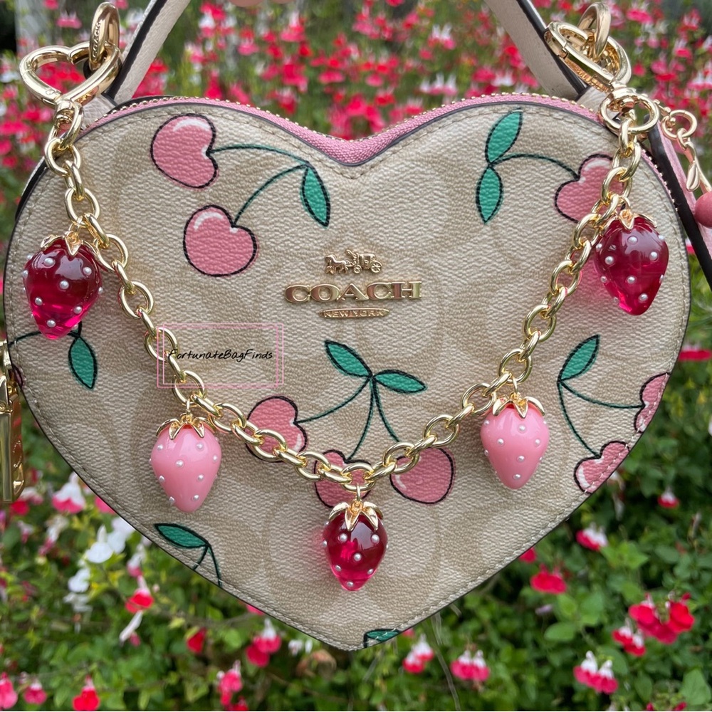 Heart Strawberry Bag Purse Charm Chain Swag Strap Hot Pink & Baby Pink Pearl - Picture 2 of 13